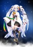  1girl 1other absurdres bell black_sandals black_thighhighs blue_eyes blush chihaya_(clothing) closed_mouth hair_ornament hatsune_miku highres holding holding_bell japanese_clothes jingle_bell kagura_suzu long_hair looking_at_viewer masumofu musical_note musical_note_hair_ornament musical_note_print musical_staff musical_staff_print official_alternate_costume official_alternate_hairstyle pleated_skirt rabbit rabbit_yukine sandals skirt smile starry_sky_print striped_clothes striped_thighhighs thighhighs twintails very_long_hair vocaloid white_hair wide_sleeves yuki_miku yuki_miku_(2018) 
