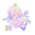  1girl bag blonde_hair blue_flower blue_ribbon blush boots braid caramel_choux_cookie closed_mouth colored_skin cookie_run cookie_run:_kingdom dress eyelashes floral_print flower flower_ornament frog frog_on_head full_body hair_between_eyes hair_flower hair_ornament hair_ribbon hands_up holding holding_bag hood hooded_coat hydrangea leaf long_hair long_sleeves looking_at_viewer pink_flower pink_skin puffy_long_sleeves puffy_sleeves purple_bag purple_boots purple_dress purple_eyes purple_flower raincoat reed ribbon rubber_boots see-through_clothes see-through_raincoat simple_background smile solo twin_braids white_background white_bag white_eyeshadow 