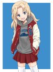  :d badge blonde_hair blue_background blue_eyes button_badge casual clothes_writing cowboy_shot eyebrows_visible_through_hair girls_und_panzer grey_shirt hair_intakes hands_in_pockets hood hoodie jacket kay_(girls_und_panzer) letterman_jacket light_smile long_hair looking_at_viewer mutsu_(layergreen) open_clothes open_jacket open_mouth outside_border print_shirt red_jacket shirt smile solo standing star thighhighs white_legwear 
