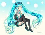  absurdres aqua_hair artist_name blue_background blue_eyes blush boots detached_sleeves full_body gradient gradient_background hatsune_miku headphones highres long_hair nakatsu_kon necktie sitting skirt solo thigh_boots thighhighs twintails very_long_hair vocaloid white_background 