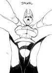  2017 anthro armwear big_breasts black_and_white breasts camel_toe canine cleavage clothed clothing elbow_gloves english_text female gloves hi_res jackal jijis-waifus low-angle_view mammal midriff monochrome navel nipple_bulge open_mouth shorts text tight_clothing tongue tongue_out under_boob 