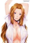  absurdres arms_up between_breasts bleach blue_eyes breasts dannex009 deviantart_username facebook_username highres huge_breasts long_hair looking_at_viewer matsumoto_rangiku mole mole_under_mouth open_mouth orange_hair paid_reward patreon_reward patreon_username shiny shiny_hair shiny_skin shirt simple_background solo sweat white_shirt 