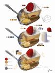  cake cake_slice cherry color_guide commentary english_commentary english_text fine_9725 foil food food_focus fork fruit highres no_humans original painterly plate progression simple_background sketch spoon strawberry whipped_cream white_background 