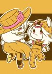  2boys beard bridal_gauntlets cape chibi chibi_only commentary cowboy_hat dancing facial_hair goggles goggles_on_headwear grin gyro_zeppeli hat highres holding_hands hood hood_down hoodie horseshoe_hat_ornament horseshoe_ornament johnny_joestar jojo_no_kimyou_na_bouken limited_palette long_hair m_a_a_m_8 male_focus multiple_boys smile soles spurs star_(symbol) star_print steel_ball_run symbol-only_commentary teeth yellow_theme 