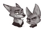  2016 anthro canine clothed clothing dipstick_ears disney duo fennec finnick fox fur greyscale hi_res inner_ear_fluff iw_(artist) male mammal monochrome necktie nick_wilde simple_background white_background zootopia 