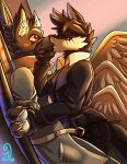  anthro canine clothed clothing d.angelo duo feathered_wings feathers fur hair kissing male male/male mammal scar simple_background surprise wings 