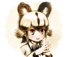  1girl :d african_wild_dog_(kemono_friends) animal_ears beige_background black_neckwear bow bowtie brown_hair commentary_request dog_ears dog_girl eyelashes interlocked_fingers kemono_friends looking_at_viewer multicolored_hair open_mouth platinum_blonde_hair short_hair smile solo stealstitaniums translation_request two-tone_hair upper_body 