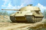  cable cannon caterpillar_tracks cloud cloudy_sky commentary_request dirt dirt_road gun highres machine_gun machinery military military_vehicle motor_vehicle no_humans open_hatch real_life realistic road sky takani_yoshiyuki_(style) tank tiger_ii tree weapon world_war_ii youkoumori 