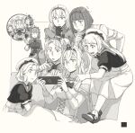  6+girls ark_royal_(kancolle) cellphone commentary_request country_connection crown dress flip_phone gloves hat headgear highres inset janus_(kancolle) javelin_(kancolle) jervis_(kancolle) kantai_collection mini_crown monochrome multiple_girls nelson_(kancolle) nintendo_switch_2 phone playing_games rodney_(kancolle) sailor_dress sailor_hat sheffield_(kancolle) translation_request upper_body valiant_(kancolle) victorious_(kancolle) warspite_(kancolle) weidashming 