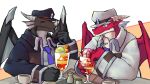 16:9 2024 beverage black_body blue_clothing blue_hat blue_headwear blue_jacket blue_necktie blue_topwear blush cafe claws clothing dorsal_fin dorsal_frill dragon drinking_straw ear_fins eating fin food frill_(anatomy) fruit grey_body hair hat headgear headwear hi_res horn jacket male multicolored_body multicolored_skin mythological_creature mythological_scalie mythology necktie negadrake pano_dra parfait_(dessert) plant red_body red_skin scalie tea topwear white_body white_clothing white_hair white_hat white_headwear white_jacket white_skin white_topwear widescreen wings