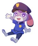  2016 3_toes 4_fingers achakura alpha_channel anthro badge belt child clothed clothing dipstick_ears disney ears_down female fur grey_fur hat hi_res judy_hopps lagomorph looking_at_viewer mammal open_mouth open_smile outline police_uniform purple_eyes rabbit raised_arm simple_background sitting smile solo toes transparent_background uniform waving young zootopia 