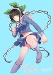  bangs bell bell_choker black_hair blue_background blue_shirt blue_skirt blunt_bangs bow bowtie braid breasts buttons chabashira_tenko choker clenched_hands closed_mouth cropped_legs danganronpa dated frilled_skirt frills geta green_eyes green_ribbon hair_ribbon hairband highres kneehighs leg_up long_hair long_sleeves looking_at_viewer medium_breasts miniskirt mole mole_under_mouth nanin navel new_danganronpa_v3 outline pink_choker pink_hairband ribbon sandals shirt simple_background single_sidelock skirt smile solo standing standing_on_one_leg stomach tabi twin_braids twitter_username very_long_hair white_bow white_legwear white_neckwear white_outline 