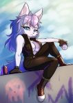  anthro bodysuit boots bottle breasts canine clothed clothing d.angelo female footwear looking_at_viewer mammal outside side_boob sitting skinsuit solo tight_clothing 