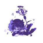  1boy black_sapphire_cookie closed_mouth colored_skin cookie_run cookie_run:_kingdom crossed_arms earrings eyelashes full_body gem hair_over_one_eye half-closed_eye highres jacket jewelry legs_up long_sleeves looking_at_viewer lying male_focus musical_note on_stomach pants pointy_ears purple_eyes purple_gemstone purple_hair purple_jacket purple_pants purple_shoes purple_skin reed shoes short_hair simple_background smile solo sparkle white_background white_eyeshadow 