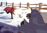  /\/\/\ 2boys alphonse_elric armor back_turned blonde_hair braid brothers coat day edward_elric fence flamel_symbol fullmetal_alchemist gloves lowres male_focus multiple_boys outdoors pants red_coat siblings snow snowball 