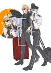  2boys alternate_costume belt black_belt black_hat black_jacket black_necktie black_shirt black_shoes blonde_hair braid commentary facial_tattoo finger_to_mouth gold_ring gradient_hair hair_between_eyes hat highres holding holding_suitcase honkai:_star_rail honkai_(series) jacket male_focus medium_hair multicolored_hair multiple_boys mydei_(honkai:_star_rail) neck_tattoo necktie phainon_(honkai:_star_rail) pilot_uniform red_hair red_tattoo rolling_suitcase shirt shoes short_sleeves shushing side_braid simple_background suitcase sunglasses tattoo viewfinder white_background white_shirt xia_(ryugo) yaoi 