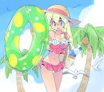  1girl :d animal bag bare_shoulders bikini bikini_skirt bird blonde_hair blue_eyes bottle braid cowboy_shot day dot_nose frilled_bikini_top hair_between_eyes hat holding holding_swim_ring innertube long_hair looking_at_viewer masuki navel open_mouth original outdoors palm_tree pink_bikini seagull shoulder_bag single_braid smile solo straw_hat summer swim_ring swimsuit tree walking 