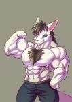  anthro canine chest_tuft clothed clothing d.angelo flexing looking_at_viewer male mammal muscular muscular_male smile solo standing topless tuft 
