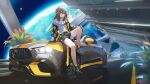  1girl absurdres black_boots black_gloves black_jacket black_skirt boots bra_strap car closed_mouth commentary_request foot_dangle fr-ee-dom full_body gloves grey_car grey_hair hand_on_own_knee high_heel_boots high_heels highres honkai:_star_rail honkai_(series) indoors jacket knee_up long_hair looking_at_viewer mercedes-benz mercedes-benz_amg_gt motor_vehicle on_car open_clothes open_jacket planet plant potted_plant reflective_floor science_fiction shirt sitting skirt solo space_station stelle_(honkai:_star_rail) thigh_strap trailblazer_(honkai:_star_rail) white_shirt window yellow_eyes 