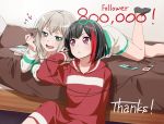  :d aoba_moka artist_request bang_dream! bed black_hair collarbone commentary_request digital_media_player earphones followers green_eyes grey_hair hood hooded_sweater lying mitake_ran multicolored_hair multiple_girls official_art on_stomach open_mouth red_eyes red_hair shared_earphones sharing single_earphone_removed sitting smile streaked_hair sweater two-tone_hair 