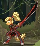  2018 applejack_(mlp) armor blonde_hair capcom equine female forest freckles friendship_is_magic green_eyes hair horse mammal melee_weapon monster_hunter my_little_pony pony ponytail solo sword tree vavacung video_games weapon 