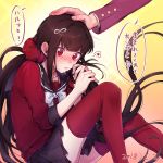  1girl bangs black_sailor_collar black_skirt blunt_bangs blush bow bowtie closed_mouth crying crying_with_eyes_open danganronpa dated earrings feet_out_of_frame gradient gradient_background hair_ornament hair_scrunchie hairpin hand_on_another's_head harukawa_maki heart highres infinity jewelry knee_up long_hair long_sleeves looking_away looking_down low_twintails miniskirt momota_kaito nanin new_danganronpa_v3 nose_blush petting playing_with_own_hair red_legwear red_scrunchie red_shirt sailor_collar school_uniform scrunchie serafuku shirt sitting skirt solo_focus speech_bubble spoken_heart streaming_tears stud_earrings tareme tears thighhighs translation_request twintails very_long_hair white_bow white_neckwear yellow_background zettai_ryouiki 