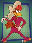 abstract_background alternate_version_at_paywall anthro arched_back avian bird bottomwear butt chicken clothing digital_drawing_(artwork) digital_media_(artwork) disney feathers galliform gallus_(genus) gavanzude gesture hand_on_hip hat headgear headwear hi_res holster looking_back male panchito_pistoles pants phasianid red_body red_feathers signature solo sombrero spurs suit the_three_caballeros tight_bottomwear tight_clothing tight_pants waving wide_stance 