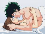  1boy 1girl bed blanket blush breasts brown_hair chest freckles green_hair hetero looking_at_another missionary muscles nipples romantic smile 
