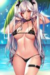  antenna_hair areola_slip areolae armpits azur_lane bad_id bad_pixiv_id bangs bare_arms bare_shoulders beach bikini bird black_bikini black_ribbon blue_sky blush breasts cameltoe choker cloud collarbone commentary cowboy_shot day eyebrows_visible_through_hair flag_print german_flag_bikini gloves groin hair_between_eyes hair_over_shoulder hands_in_hair highleg highleg_bikini highres iron_cross large_breasts light_particles long_hair looking_at_viewer mouth_hold multicolored_hair navel ocean palm_leaf prinz_eugen_(azur_lane) red_hair ribbon sakimaomao sand side-tie_bikini silver_hair skindentation sky smile solo standing stomach streaked_hair sun swept_bangs swimsuit thigh_strap thighhighs thighs tree two_side_up untied untied_bikini very_long_hair water water_drop 