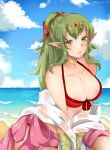  beach bikini breasts chiki fire_emblem green_eyes green_hair highres kyo-usa nipples ocean pointy_ears ponytail sand sweat swimsuit 