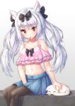  alternate_costume animal animal_ears azur_lane bangs bare_shoulders between_legs black_bow black_legwear black_neckwear blue_skirt blush bow bowtie breasts casual cat cleavage collarbone commentary crop_top eyebrows_visible_through_hair eyelashes frilled_shirt frills hair_bow hand_between_legs highres layered_clothing long_hair looking_at_viewer midriff miniskirt mouth_hold navel orange_eyes pantyhose pensuke petting pink_shirt pleated_skirt popsicle_stick shirt sidelocks silver_hair simple_background sitting skirt small_breasts solo spaghetti_strap stomach twintails v-shaped_eyebrows white_cat yukikaze_(azur_lane) 