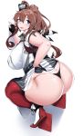  ass blue_eyes blush breasts brown_hair eyebrows_visible_through_hair eyelashes fingerless_gloves full_body gloves highres huge_ass huge_breasts kantai_collection long_hair looking_back master_cake open_mouth sagging_breasts saratoga_(kantai_collection) scarf shiny shiny_skin simple_background skirt skirt_lift smokestack_hair_ornament solo squatting sweatdrop thick_thighs thighhighs thighs thong white_background 