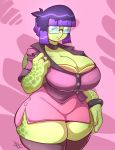  2017 anthro big_breasts breasts cleavage clothed clothing cute eyewear female glasses hair hi_res jaeh legwear looking_at_viewer overweight purple_hair reptile scalie short_hair solo thick_thighs turtle voluptuous wide_hips 