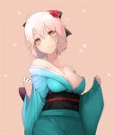  ahoge bad_id bad_pixiv_id bangs bare_shoulders black_bow blue_kimono blush bow breasts brown_background brown_eyes cleavage closed_mouth collarbone commentary eyebrows_visible_through_hair fate/grand_order fate_(series) flower hair_between_eyes hair_bow hair_flower hair_ornament head_tilt huyou_(awegk) japanese_clothes kimono koha-ace long_sleeves looking_away looking_to_the_side medium_breasts obi off_shoulder okita_souji_(fate) okita_souji_(fate)_(all) pinching_sleeves pink_hair red_flower sash short_hair solo wide_sleeves 