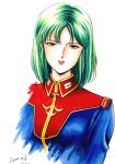  1980s_(style) 1girl 2000 brown_eyes commentary_request dated green_hair gundam looking_at_viewer military_rank_insignia military_uniform mouar_pharaoh portrait red_lips retro_artstyle science_fiction signature titans_(gundam) white_background yumemi_ai zeta_gundam 