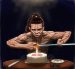  1boy birthday_cake cake candle fire fork holding_weapon japanese_clothes katana muscle muscular_male ponytail samurai shigurui sitting sword table topless weapon 