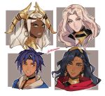  2boys 2girls blonde_hair blue_eyes blue_hair blue_hoodie cai_(fire_emblem) dark-skinned_female dark-skinned_male dark_skin dietrich_(fire_emblem) earrings fire_emblem fire_emblem:_fortune's_weave gold_earrings high_ponytail highres hood hood_down hoodie jewelry leda_(fire_emblem) minmini multiple_boys multiple_girls ponytail theodora_(fire_emblem) two-tone_hoodie white_hoodie 