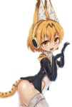  animal_ears blonde_hair check_commentary commentary commentary_request cosplay emperor_penguin_(kemono_friends) emperor_penguin_(kemono_friends)_(cosplay) eyebrows_visible_through_hair fangs headphones highleg highleg_leotard highres hood hoodie kemono_friends kolshica leotard long_sleeves multicolored_hair open_mouth paw_pose serval_(kemono_friends) serval_ears serval_print serval_tail short_hair solo tail thighhighs white_legwear 