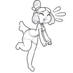  2017 animal_crossing anthro barefoot barking breasts canine clothing digital_media_(artwork) dog eyes_closed female happy hi_res isabelle_(animal_crossing) itsunknownanon mammal nintendo one_leg_raised open_mouth pose shih_tzu simple_background skirt solo standing video_games white_background 