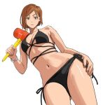  1girl bikini black_bikini brown_eyes brown_hair closed_mouth commentary cowboy_shot english_commentary holding holding_toy jujutsu_kaisen kugisaki_nobara looking_at_viewer navel shiren_(ourboy83) short_hair side-tie_bikini_bottom simple_background solo stomach swimsuit toy toy_hammer white_background 