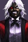  bangs black_neckwear black_ribbon collared_shirt dark_skin dark_skinned_male glowing glowing_eyes grin hankuri heterochromia jacket male_focus neck_ribbon omega_rugal open_clothes open_jacket parted_bangs purple_background red_eyes red_jacket ribbon rugal_bernstein shirt simple_background smile solo the_king_of_fighters upper_body white_eyes white_hair white_shirt 