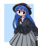  1girl absurdres bag black_eyes black_hat black_jacket blue_background blue_hair blush border bowler_hat closed_mouth collared_shirt commentary_request cowboy_shot cross_tie grey_skirt hair_between_eyes hat highres hinanawi_tenshi holding holding_bag jacket kasuya_baian light_smile long_hair long_sleeves looking_at_viewer outside_border peach_hat_ornament pleated_skirt red_cross_tie shirt skirt solo touhou very_long_hair white_border white_shirt 