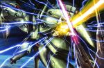  1980s_(style) absurdres artist_request battle beam_cannon crossed_swords duel earth_(planet) earth_federation electricity energy energy_sword glowing gundam gundam_0083 gundam_gp-03_dendrobium gundam_perfect_file highres in_orbit machinery mecha mecha_focus mobile_armor neue_ziel no_humans official_art planet retro_artstyle robot scan scene_reference science_fiction sword weapon zeon 