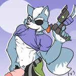  canine clothing foxzombiej humanoid_penis looking_at_viewer male mammal muscular muscular_male nintendo nipples pecs penis ranged_weapon simple_background solo star_fox teasing undressing video_games weapon wolf wolf_o&#039;donnell 