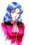  1980s_(style) 1girl 2000 blue_hair commentary_request dated gundam long_hair looking_at_viewer military_rank_insignia military_uniform pink_scarf portrait red_lips retro_artstyle rosamia_badam scarf science_fiction signature titans_(gundam) white_background yumemi_ai zeta_gundam 
