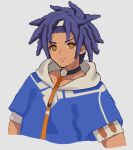  1boy blue_hair blue_hoodie cai_(fire_emblem) dark-skinned_male dark_skin djames fire_emblem fire_emblem:_fortune's_weave highres hood hood_down hoodie looking_at_viewer male_focus two-tone_hoodie white_hoodie yellow_eyes 