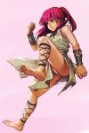  bad_feet bangs bare_shoulders barefoot blunt_bangs closed_mouth full_body hankuri magi_the_labyrinth_of_magic morgiana one_side_up pink_background pink_eyes pink_hair ponytail robe serious simple_background solo standing standing_on_one_leg wristband 