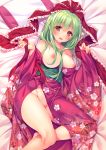  alternate_costume bangs bare_legs bare_shoulders barefoot bed_sheet blush breasts commentary eyebrows_visible_through_hair fingernails floral_print green_hair highres japanese_clothes kagiyama_hina kimono large_breasts looking_at_viewer lying naked_kimono nipples no_bra no_panties obi open_mouth orange_eyes red_kimono red_ribbon ribbon sash shiny shiny_hair smile solo touhou yayoi_and_nagi 