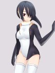  black_hair breasts brown_eyes closed_mouth cowboy_shot emperor_penguin_(kemono_friends) grey_background hair_over_one_eye headphones highres hood hoodie kemono_friends leotard looking_at_viewer medium_breasts miyo_(ranthath) multicolored_hair open_clothes open_hoodie ribbon simple_background solo streaked_hair thigh_ribbon thighhighs white_legwear white_leotard 