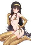  1girl absurdres bad_link bikini black_hair blue_eyes blush ebora elbow_gloves flat_chest gloves gold_bikini gold_gloves gold_thighhighs golden_week hair_spread_out hand_on_own_hip hand_up headband highres long_hair looking_at_viewer micro_bikini navel solo string_bikini sweat swimsuit tohno_akiha tsukihime very_long_hair white_background 
